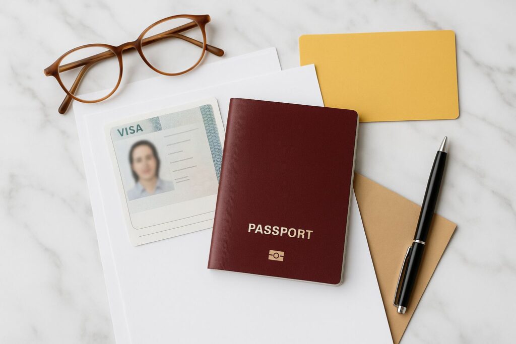 Överblick över pass och visumhandlingar prydligt organiserade på ett bord.