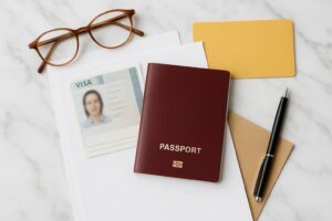 Överblick över pass och visumhandlingar prydligt organiserade på ett bord.