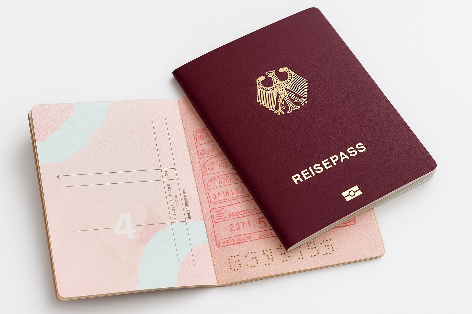 Överblick över ett uppslaget pass, visumansökningar och flygbiljetter på ett bord.